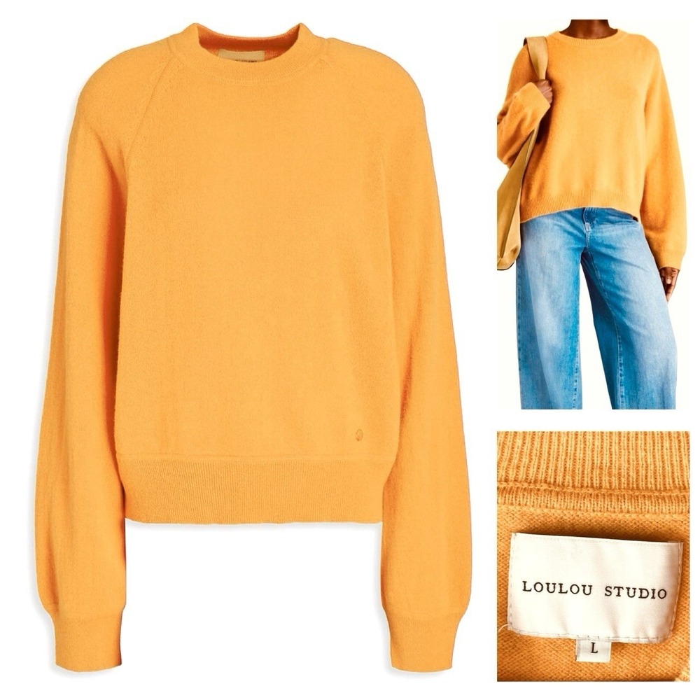 LOULOU STUDIO Pemba 100% Cashmere Sweater Orange $385 Large Long Sleeve